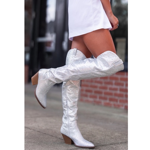NEW Silver Thigh High Western Style Bedazzled Cowboy
Boots - Picture 3 of 14